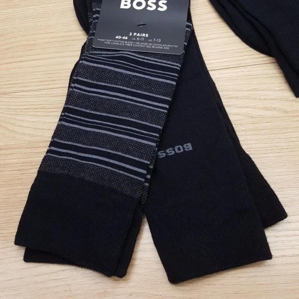 HUGO BOSS Crew Dress Socks Mens 4-Pair Solid Black Stripe Cotton Blend 2-Pack x2